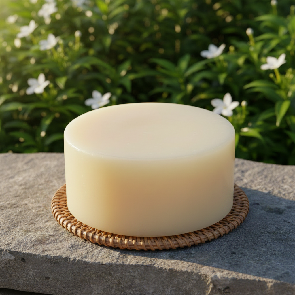 Soap on wicker mat with botanical background